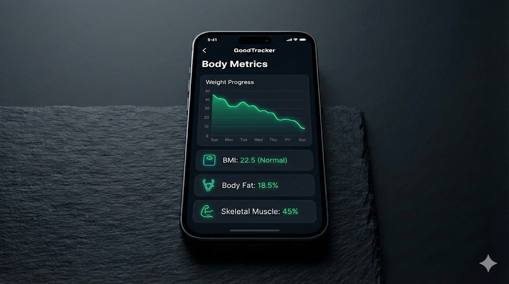Body metrics tracking dashboard showing weight, BMI, body fat percentage trends over time