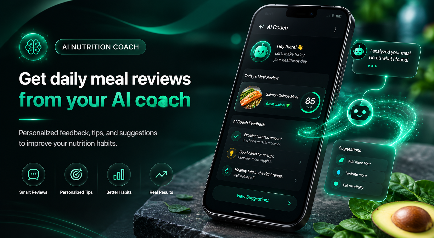 AI nutrition coach analyzing daily meals and providing personalized feedback and recommendations