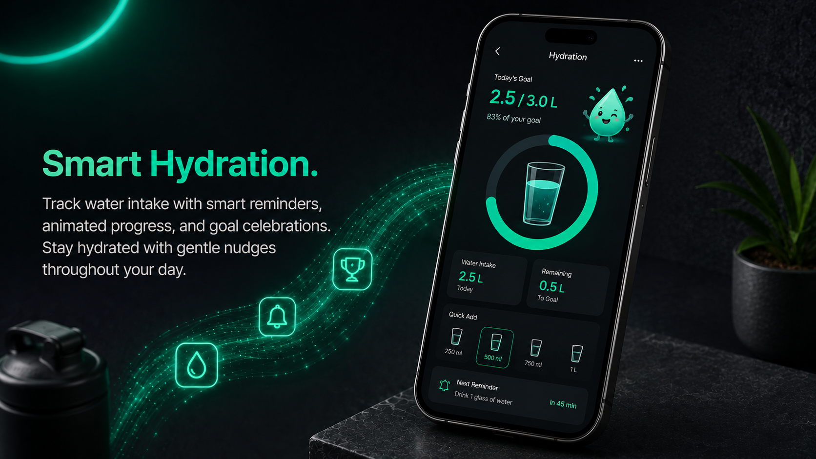 Smart water hydration tracking with animated progress