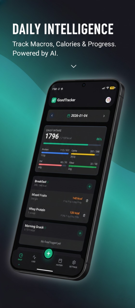 GoodTracker app showing AI meal tracking with instant macro calculation and nutritional breakdown