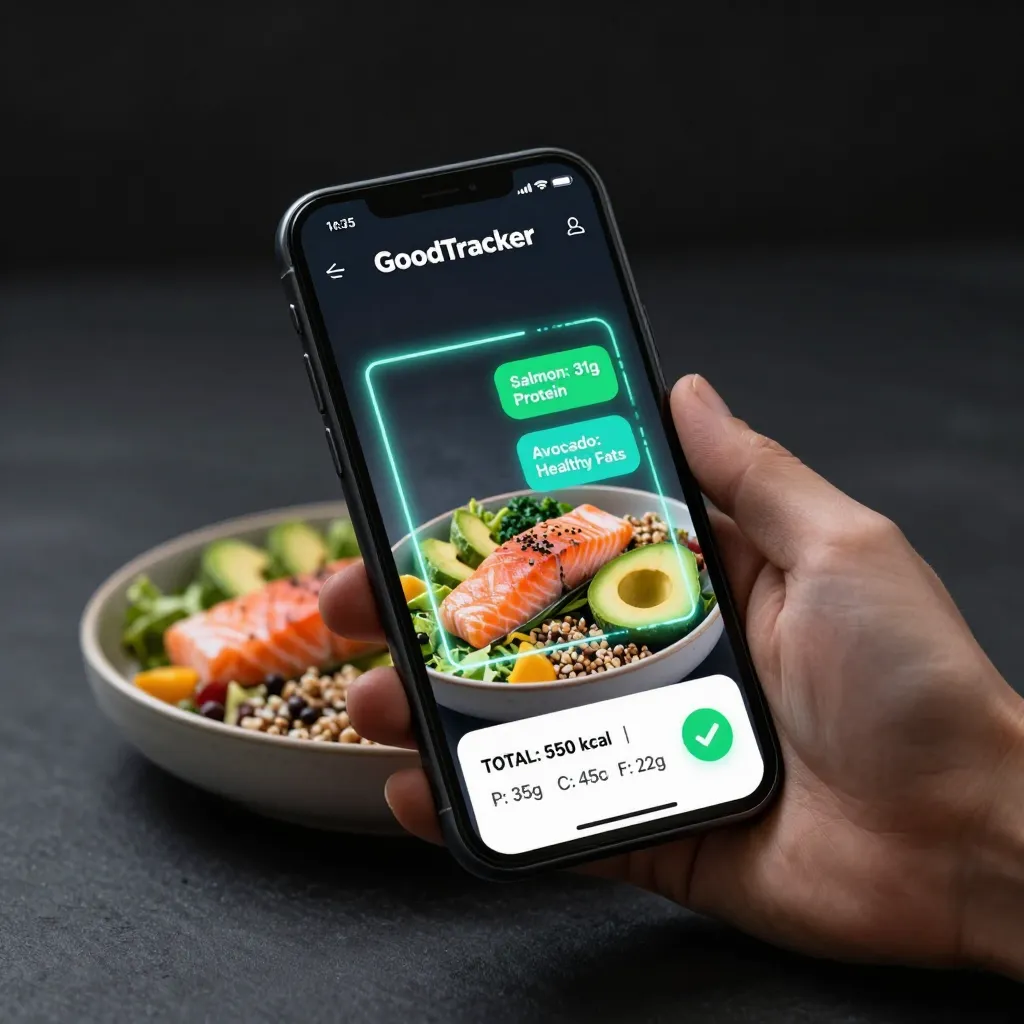 GoodTracker AI instantly recognizing food from photos and calculating complete macro and calorie breakdown