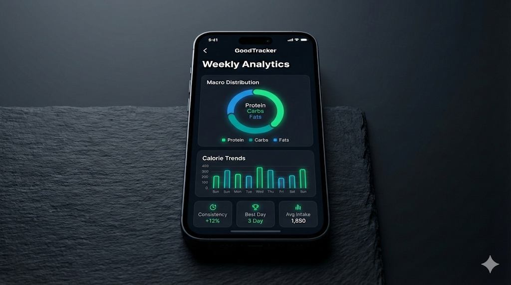 Weekly meal history with colorful charts showing macro distribution and calorie trends