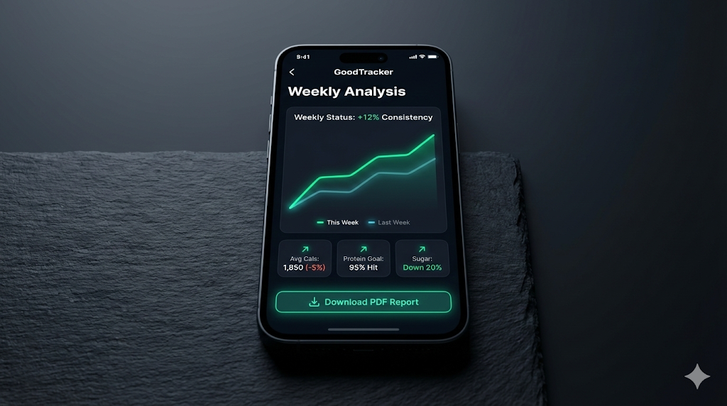 AI-generated weekly nutrition report with comparison to previous week and health scores